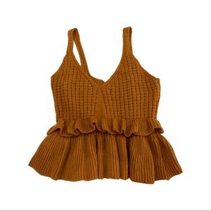 Women's Casual Knit Top Sleeveless Ruffle Hem V Neck Peplum Crop